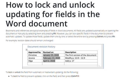 How to lock and unlock updating for fields in the Word document