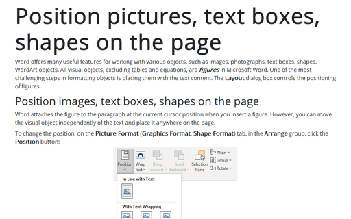 Position pictures, text boxes, shapes on the page