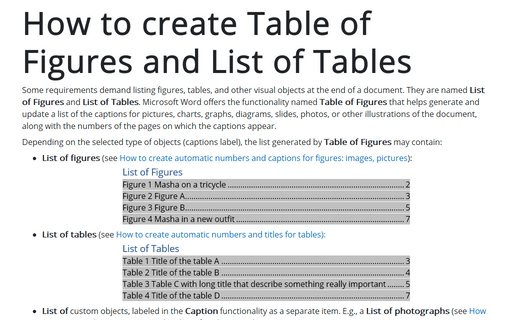 How to create Table of Figures and List of Tables