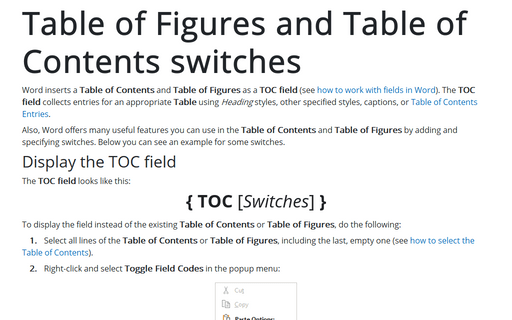 Table of Figures and Table of Contents switches