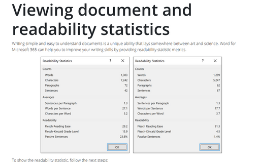Viewing document and readability statistics