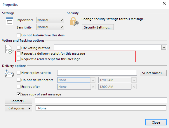 Message Options in Outlook 2016