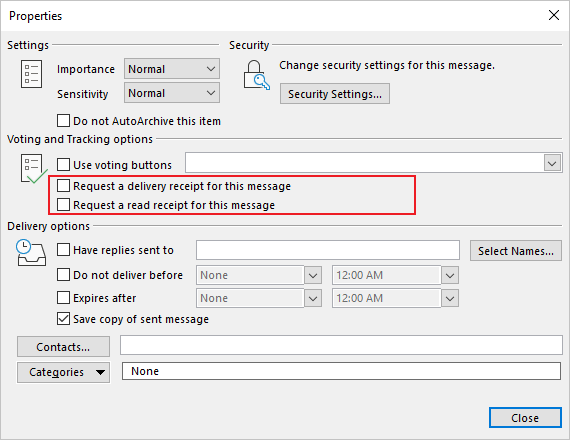 Properties dialog box in Outlook 365