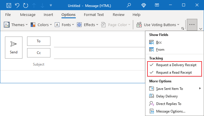 Request a receipt in Simplified ribbon Outlook 365
