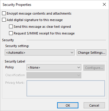Security Properties dialog box in Outlook for Microsoft 365 Security Properties dialog box in Outlook 365