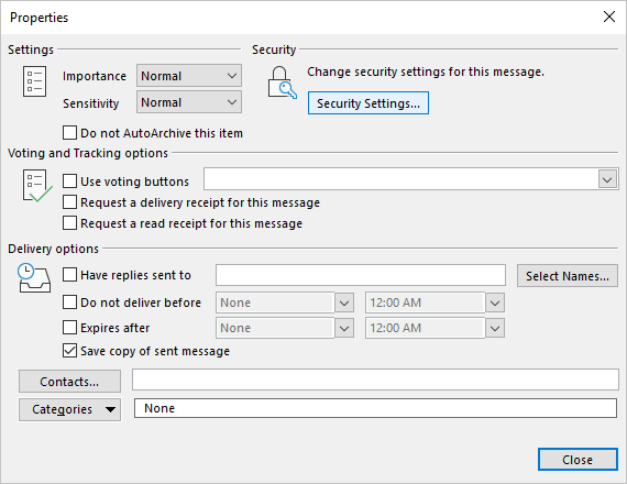 Security Settings in Properties dialog box Outlook 365