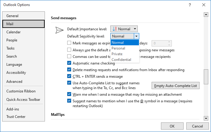 Default Sensitivity level in Outlook Options for Microsoft 365 Default Sensitivity level in Outlook Options 365