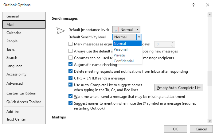 Default Sensitivity level in Outlook Options 365