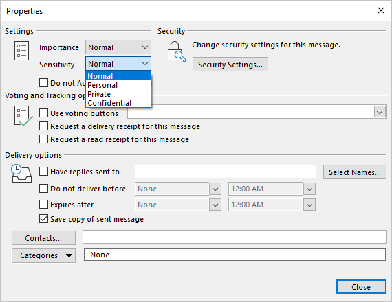 Sensitivity in Properties dialog box Outlook 365