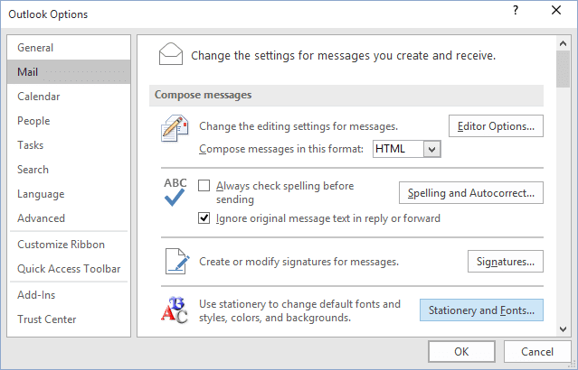 Options dialogbox in Outlook 2016 Options dialogbox in Outlook 2016