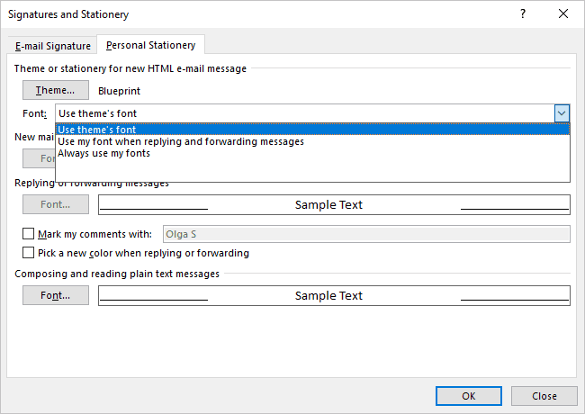 Theme or Stationary dialog dox in Outlook 365