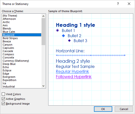 Theme or Stationery dialog box in Outlook for Microsoft 365 Theme or Stationery dialog box in Outlook 365