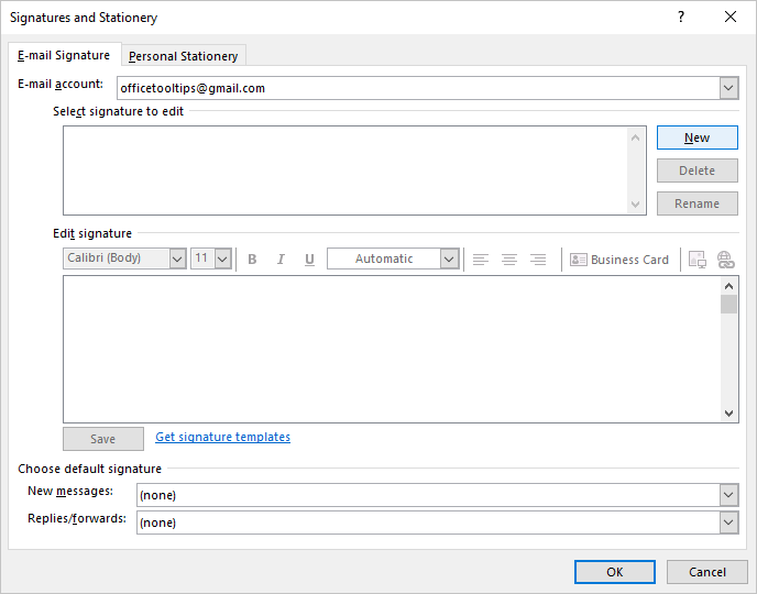 New signature in Signatures and Stationery dialog box Outlook 365