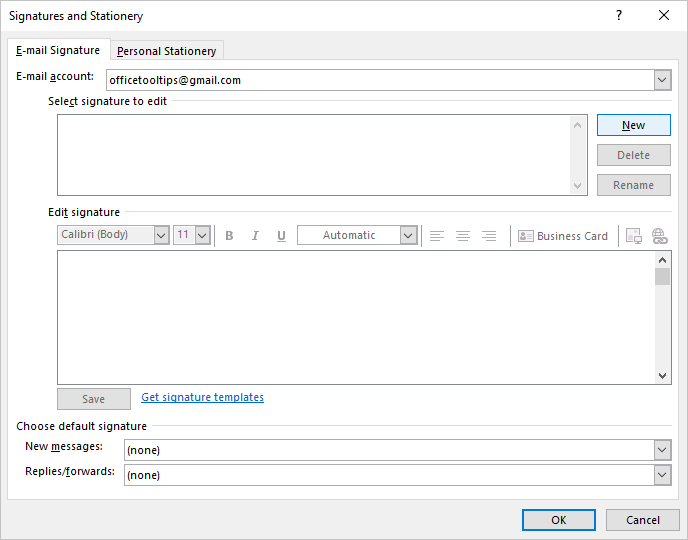 New signature in Signatures and Stationery dialog box Outlook for Microsoft 365 New signature in Signatures and Stationery dialog box Outlook 365