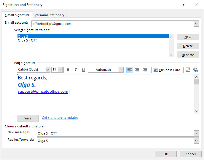 Signatures and Stationery dialog box in Outlook 365