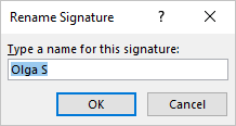 Rename Signature dialog box in Outlook 365