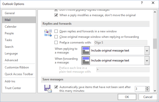 Outlook 2016 Mail Options