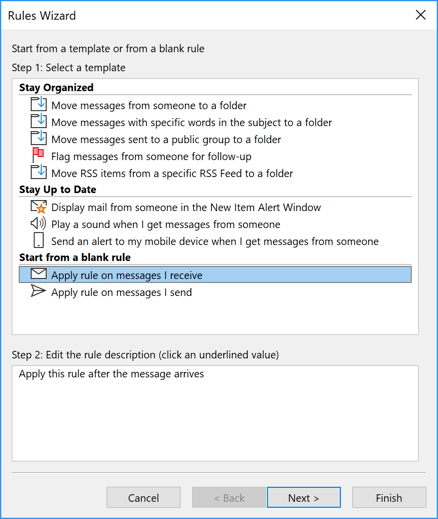 Rules Wizard Step 1 in Outlook 365