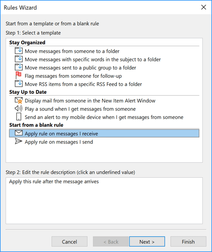 Rules Wizard Step 1 in Outlook for Microsoft 365 Rules Wizard Step 1 in Outlook 365