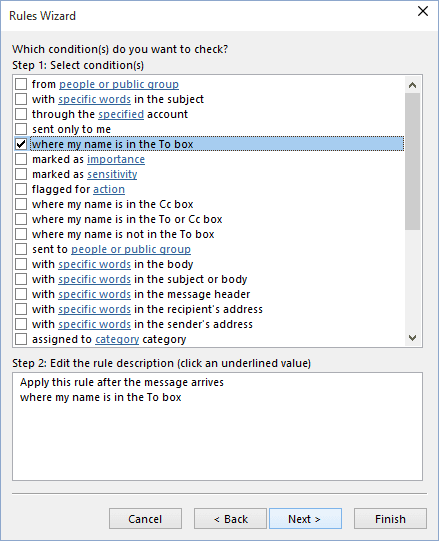 Rules Wizard Step 2 in Outlook 2016