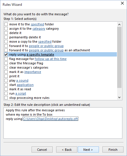 Rules Wizard Step 3 in Outlook 2016