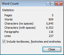 Word Count information in Word 2010