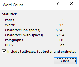 Word Count information in Word 2016