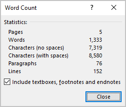 Word Count information in Word 365
