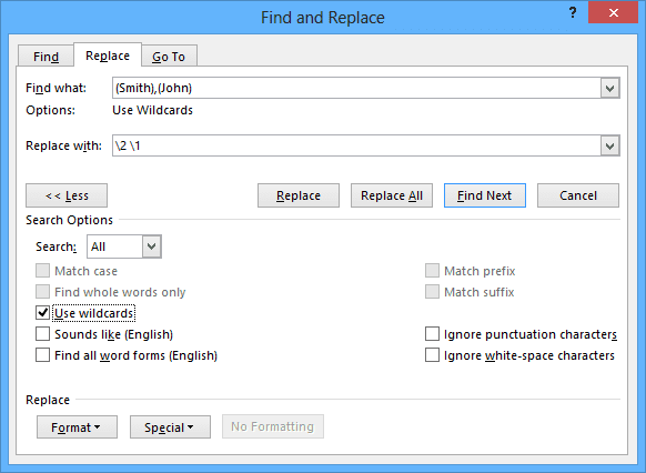 Search example in Word 2013