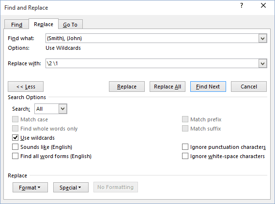 Search example in Word 2016