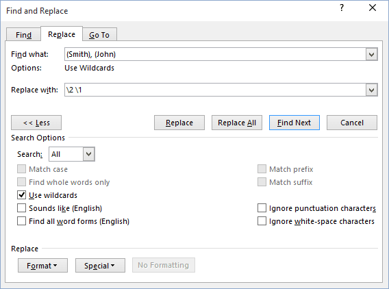Search example in Word 2016 Search example in Word 2016