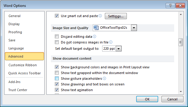 Advanced options in Word 2010