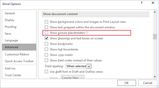 Advanced options in Word 2016