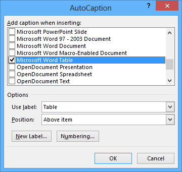 AutoCaption objects in Word 2013
