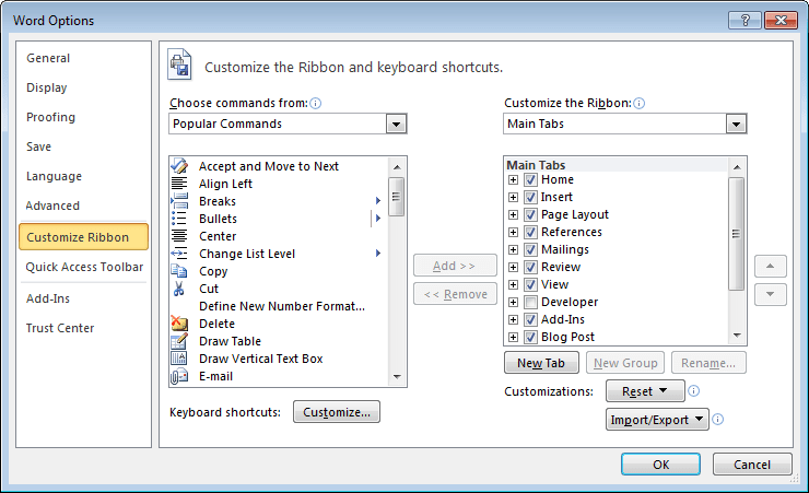 Customize the Ribbon in Word 2010