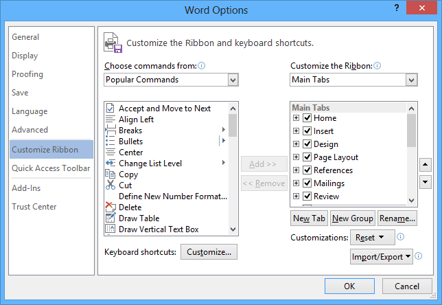 Customize the Ribbon in Word 2013