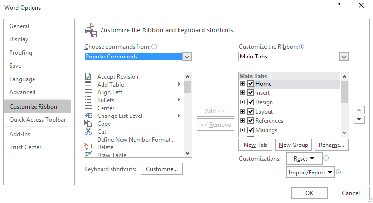 Customize the Ribbon in Word 2016