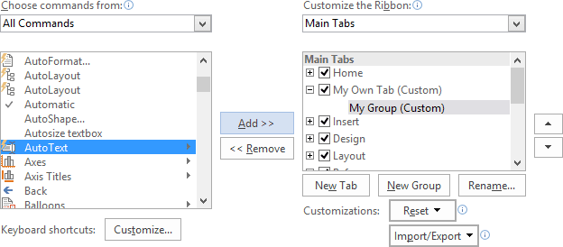 Add command in the group in Word 2016 Add command in the group in Word 2016