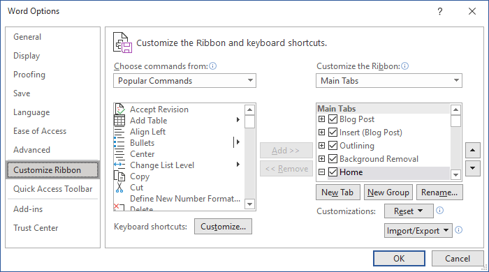 Customize the Ribbon in Word 365