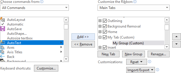 Add command in the group in Word 365