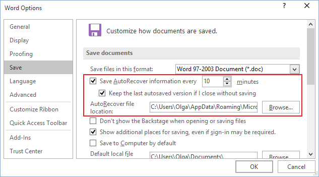 Save AutoRecover Word 2016