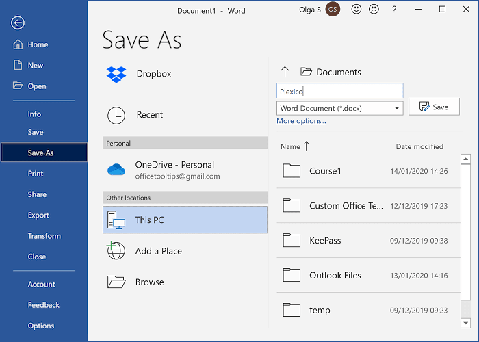 Word for Microsoft 365 Save As pane Word 365 Save As pane