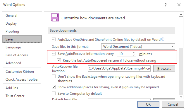Save AutoRecover Word for Microsoft 365 Save AutoRecover Word 365
