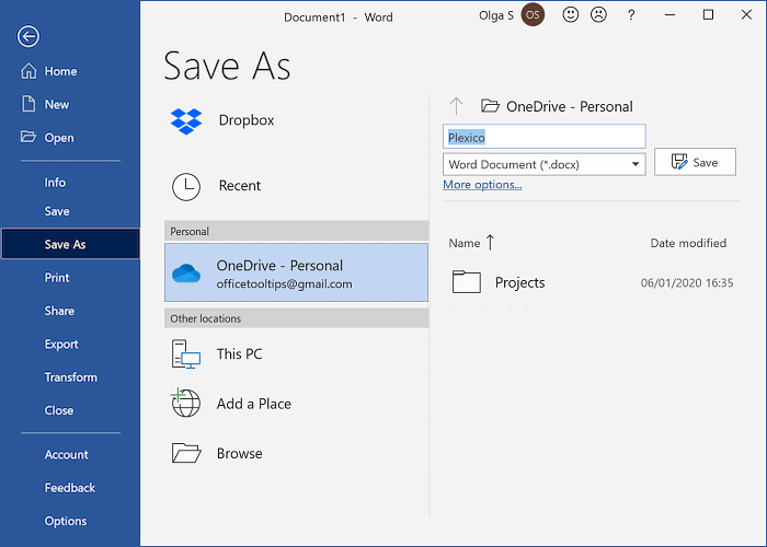 Save As to OneDrive in Word 365