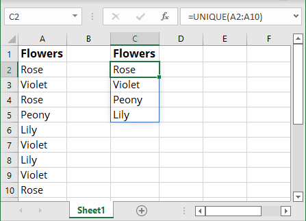 Unique items using UNIQUE in Excel 365
