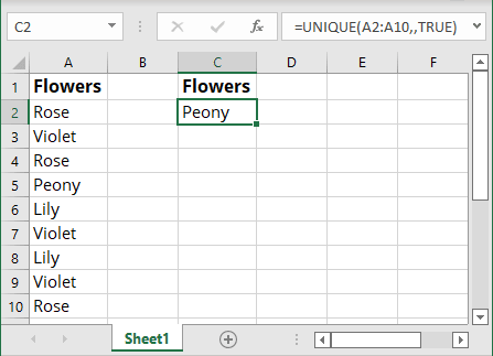 Unique items using UNIQUE 1 in Excel 365