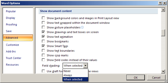 Options in Word 2007