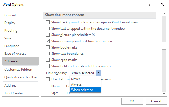 Advanced tab in Word Options 365