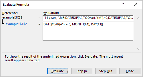 Step In button Evaluate Formula in Excel 365