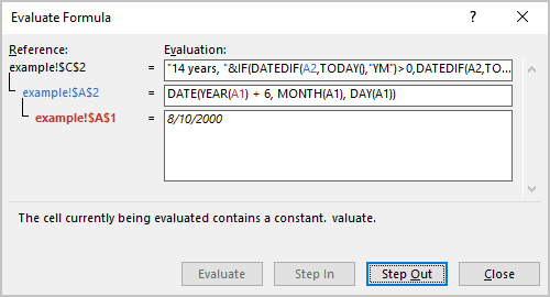 Step Out button Evaluate Formula in Excel 365